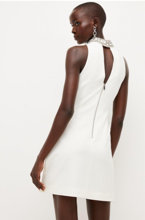 Karen Millen Ivory Crystal Embellished Woven Thigh Split Mini Dress back view