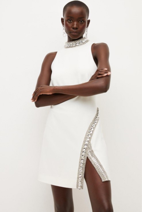 Karen Millen Ivory Crystal Embellished Woven Thigh Split Mini Dress
