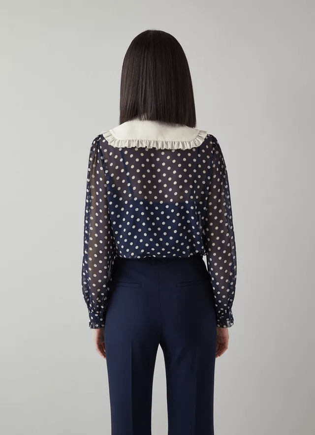 LK Bennett Sophia Navy And Cream Spot Print Frill Collar Blouse back view