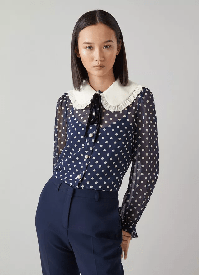 LK Bennett Sophia Navy And Cream Spot Print Frill Collar Blouse