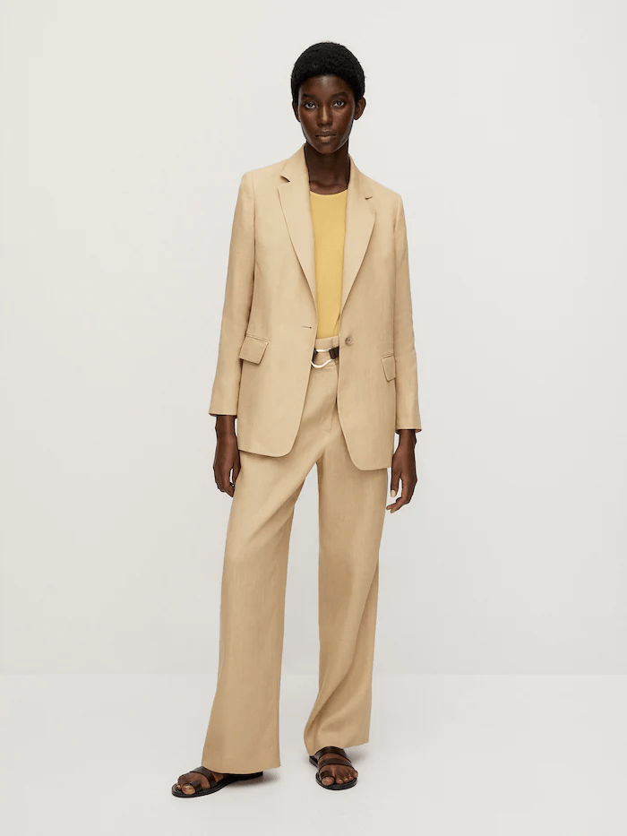 Massimo Dutti Linen One Button Blazer in Beige