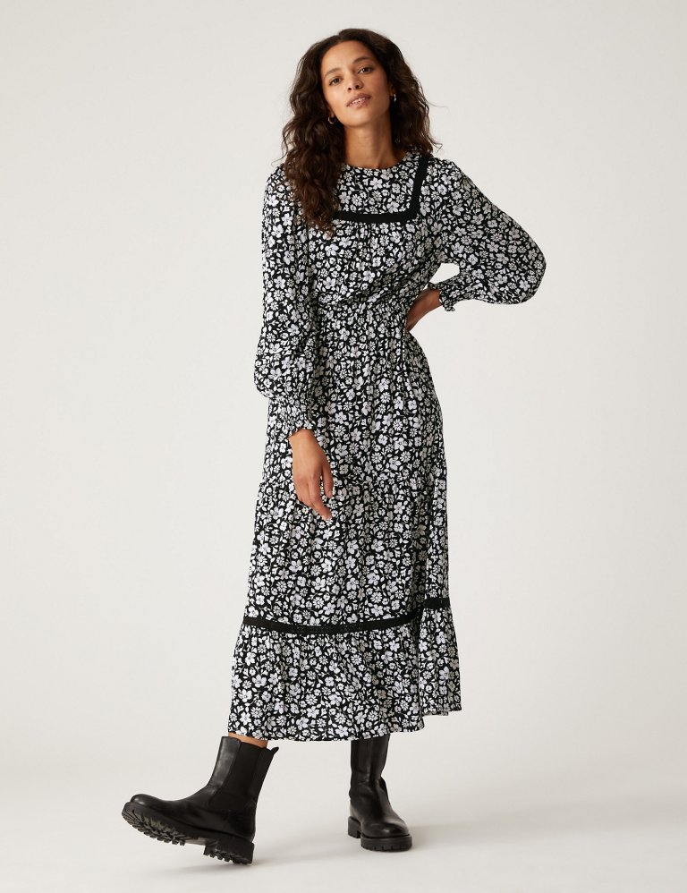 M&amp;S Floral Round Neck Midaxi Waisted Dress