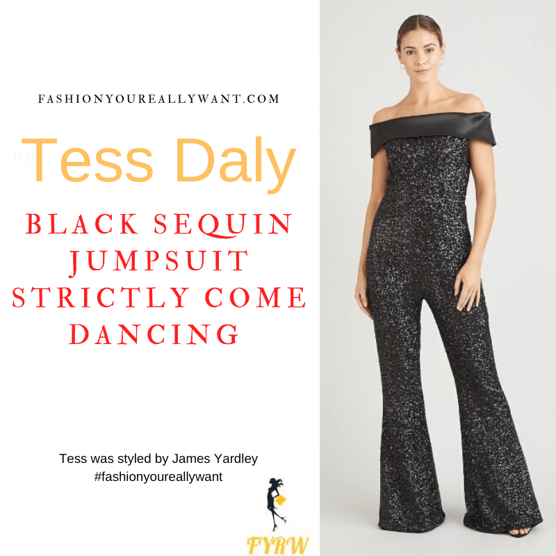 Tess Daly Wore This on Strictly Come Dancing Week 3 October 2022 where to get her outfits black sequn off the shoulder jumpsuit