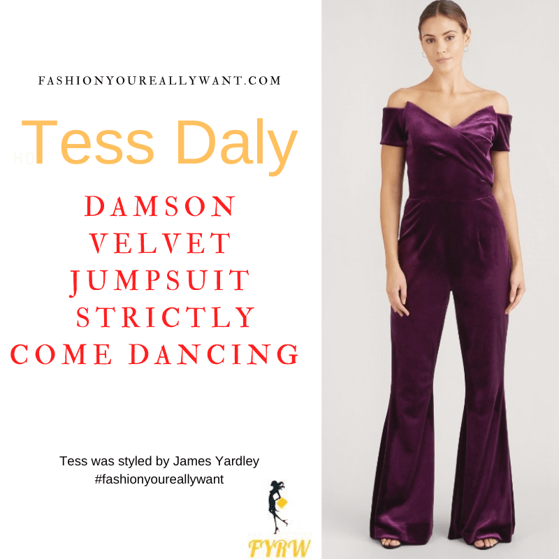 Tess Daly Wore This on Strictly Come Dancing Week 6 Results October 2022 where to get her outfits purple velvet jumpsuit bronze court shoes