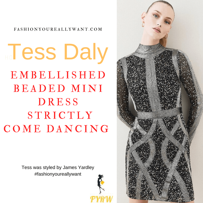 Tess Daly Wore This on Strictly Come Dancing Week 5 October 2022 where to get her outfits silver grey beaded sequin embellished mini dress silver sandals