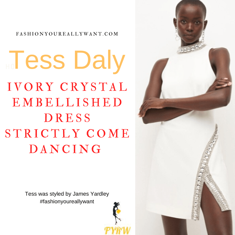 Tess Daly Wore This on Strictly Come Dancing Week 2 October 2022 where to get her outfits white ivory crystal embellished mini dress white sandals
