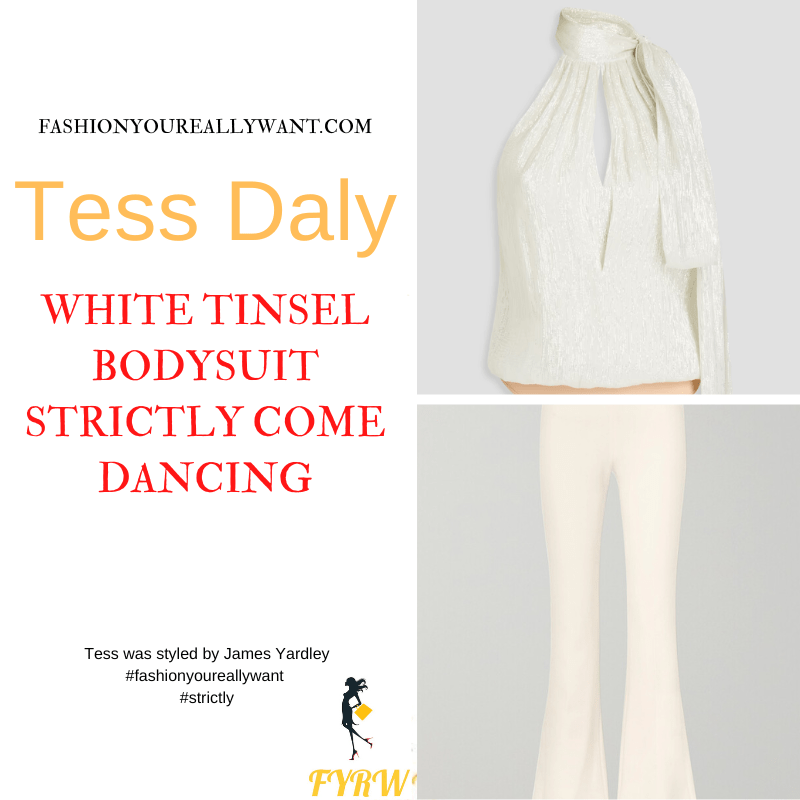 Tess Daly Wore This on Strictly Come Dancing Week 4 Results October 2021 where to get her outfits white keyhole glitter bodysuit white flare trousers nude suede court shoes