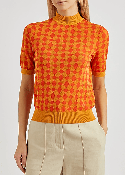 Tory Burch Orange Jacquard Stretch Knit Top v2