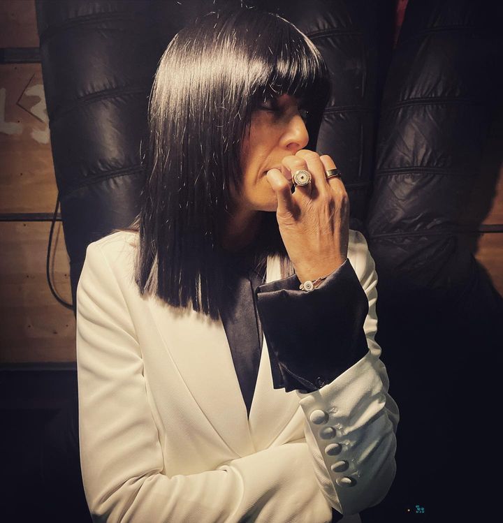 where to get all Claudia winkleman Strictly outfits white tux trouser suit black satin blouse 22 October 2022 Photo Sinead McKeefry
