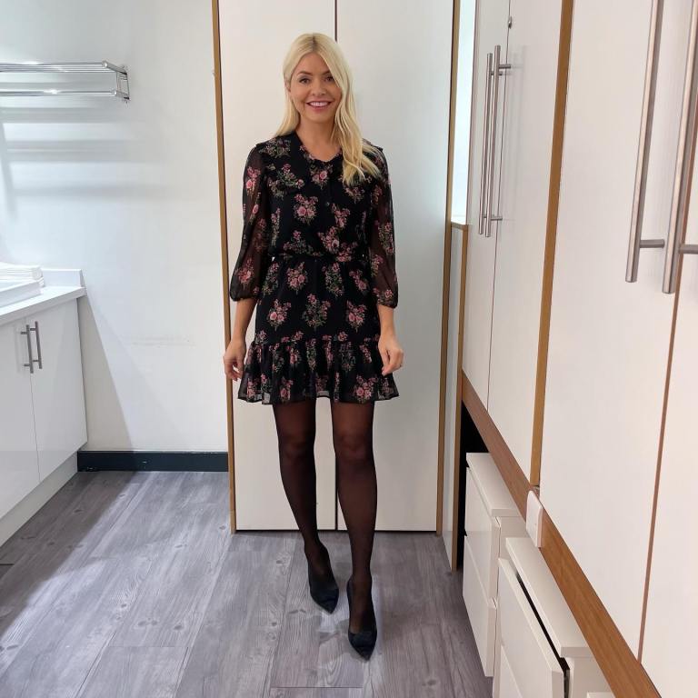 where to get all Holly Willoughby This Morning dresses black floral collar mini dress dress black velvet court shoes 11 October 2022 Photo Holly Willoughby