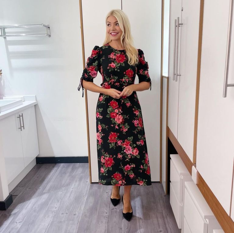 where to get all Holly Willoughby This Morning dresses black rose floral print midii dress black velvet court shoes 5 October 2022 Photo Holly Willoughby
