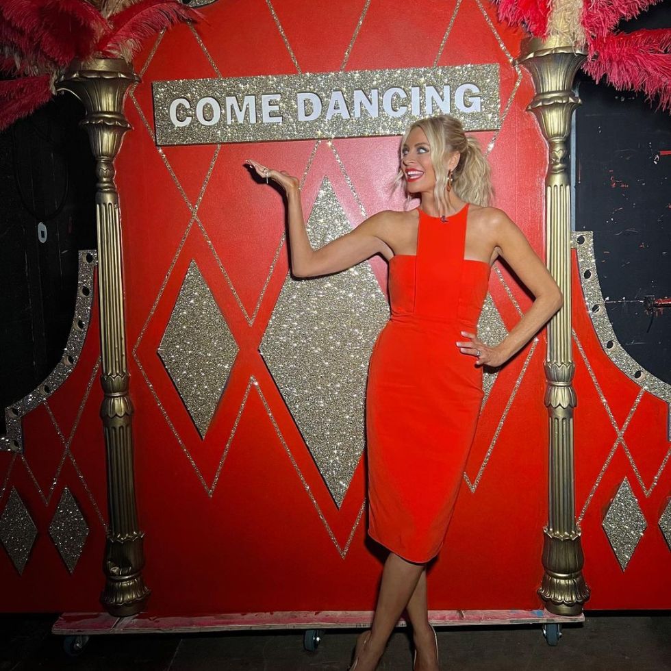 where to get all Tess Daly Strictly Come Dancing Dresses red halter midi dress nude patent court shoes 23 October 2022