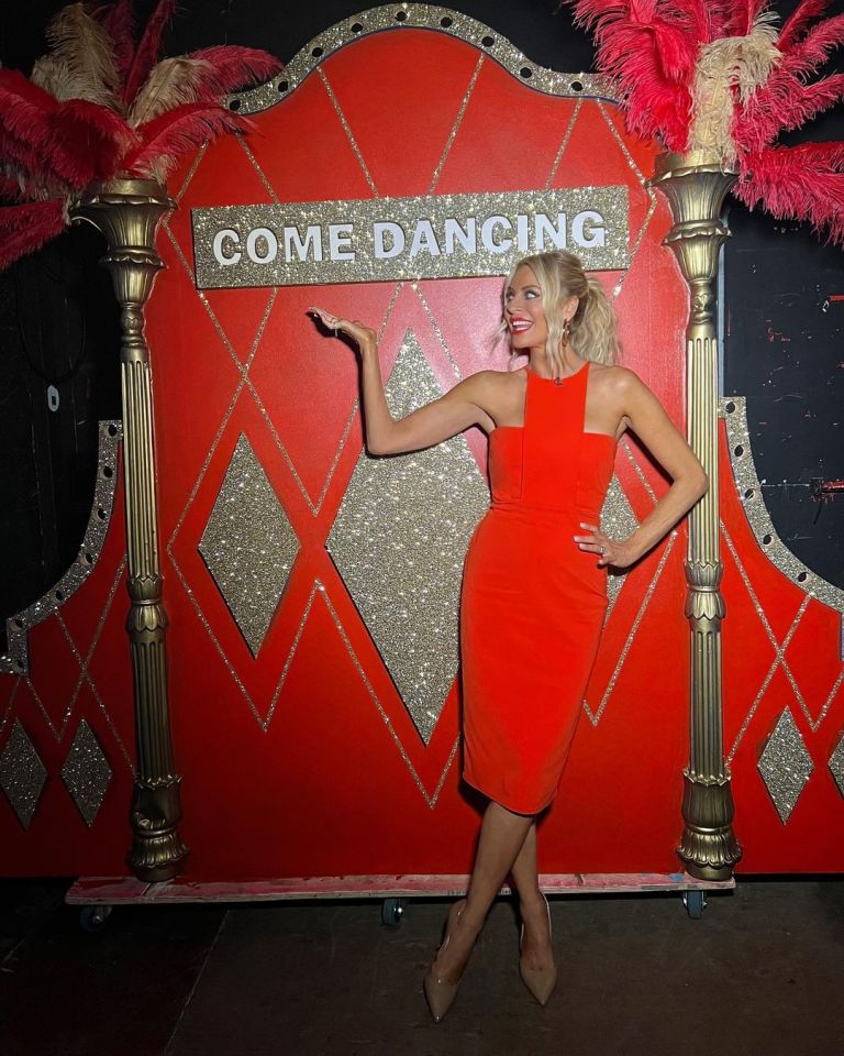 where to get all Tess Daly Strictly Come Dancing Dresses red halter midi dress nude patent court shoes 23 October 2022