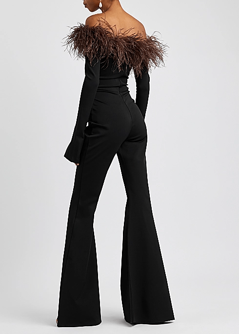 16 Arlington Off-the-shoulder feather-trim crepe jumpsuit back view two tone