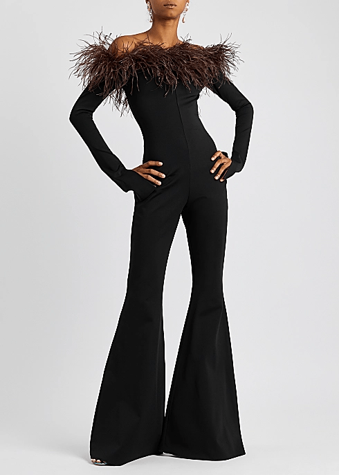 16 Arlington Off-the-shoulder feather-trim crepe jumpsuit two tone
