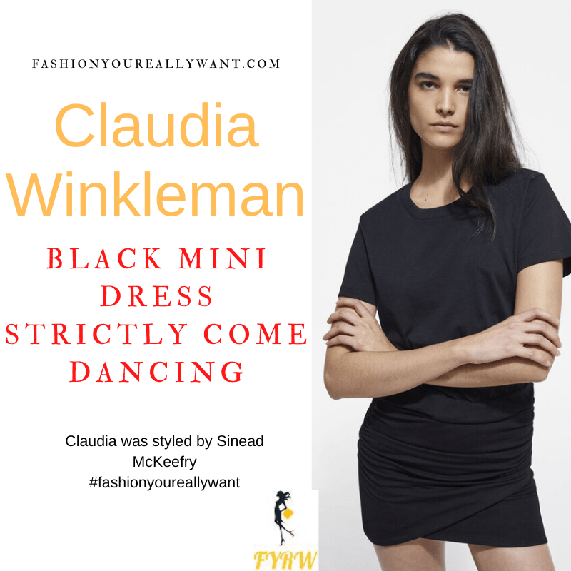 Claudia Winkleman Wore This on Strictly Come Dancing Week 10 November 2022 where to get her outfits short black draped mini t-shirt dress white court shoes lock necklace