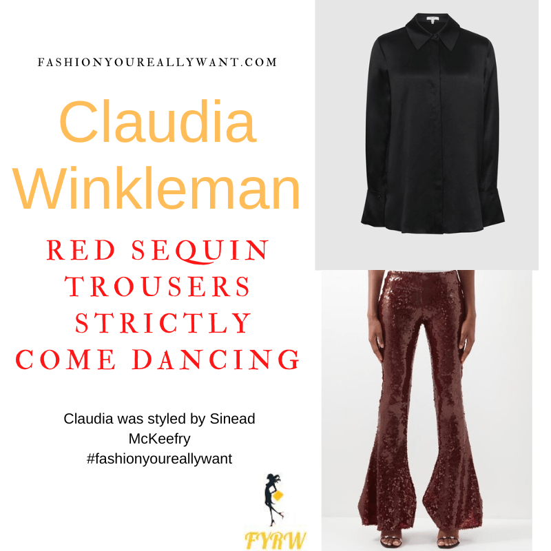 Claudia Winkleman Wore This on Strictly Come Dancing Week 10 Results November 2022 where to get her outfits red sequin flared trousers black silk shirt