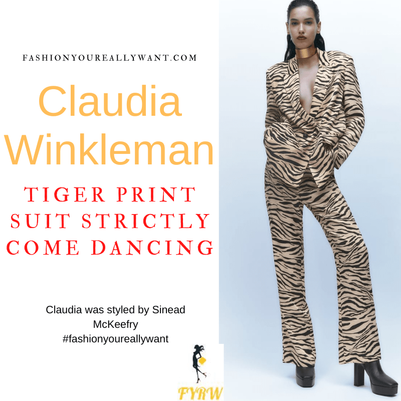 Claudia Winkleman Wore This on Strictly Come Dancing Week 9 Results November 2022 where to get her outfits tiger tiger print jacket tiger print trousers leopard court shoes