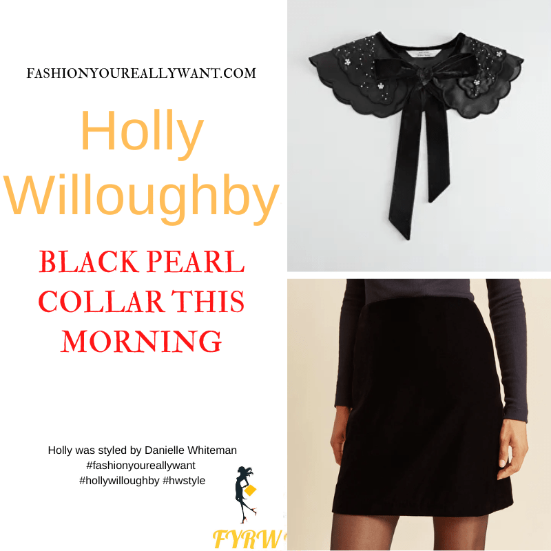 This Morning outfits dresses blog November 2022 black lace pearl collar cream jumper black velvet mini skirt black court shoes crystal buckle