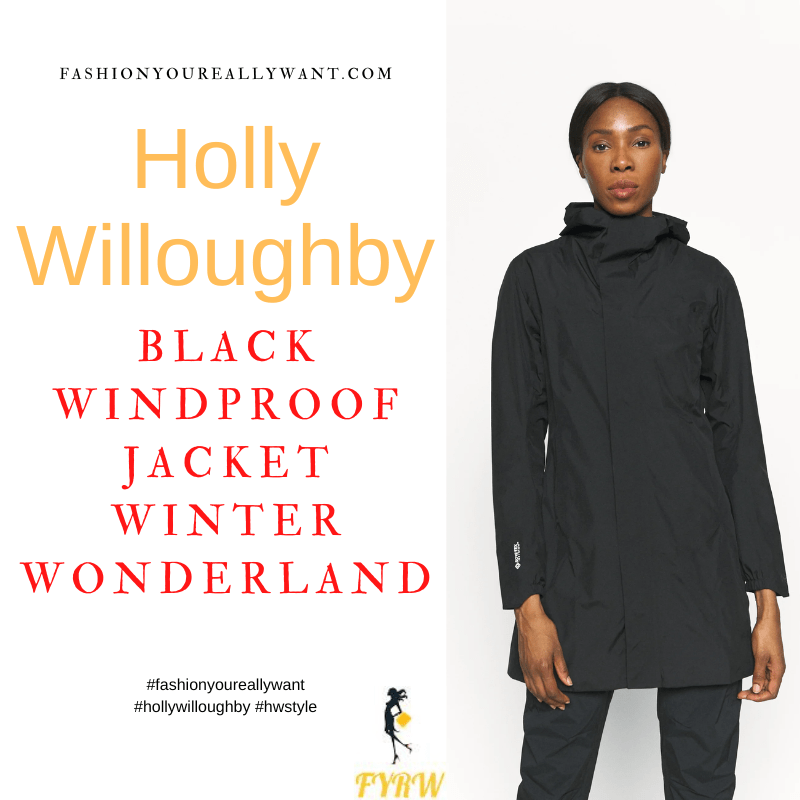 Where to get all Holly Willoughby outfits dresses blog November 2022 black windproof jacket black Ganni crossbody bag black hiking boots Winter Wonderland