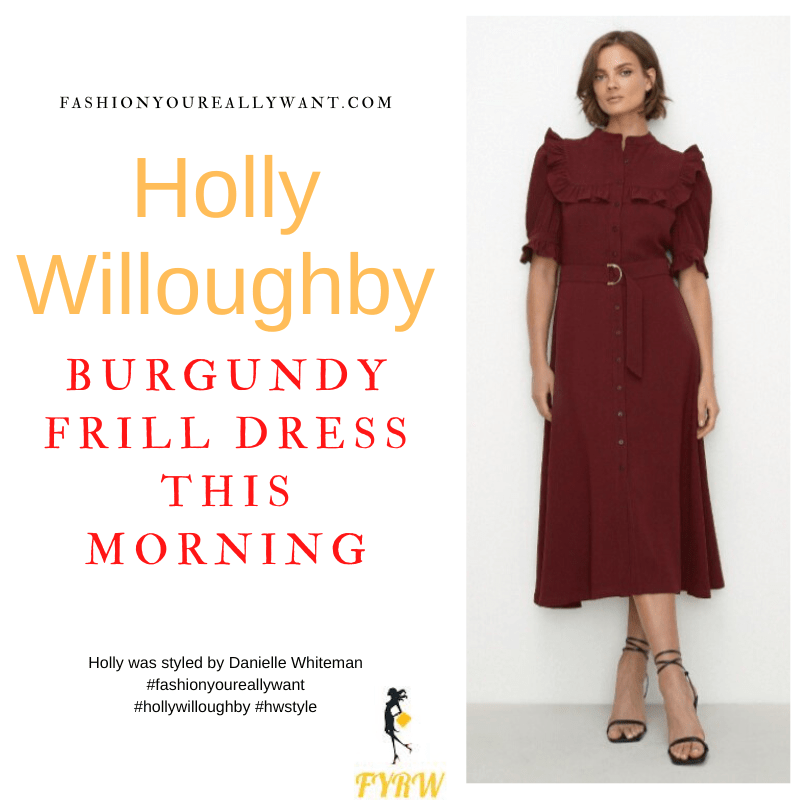 Where to get all Holly Willoughby This Morning outfits dresses blog November 2022 burgundy frill detail belted midi dress nude suede court shoes