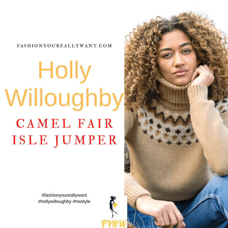 Where to get all Holly Willoughby outfits dresses blog November 2022 brown camel Icelandic fair isle jumper Wylde Moon
