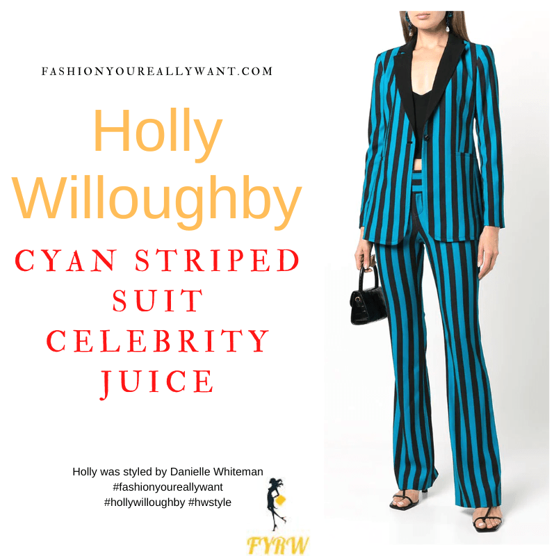 Where to get all Holly Willoughby Celebrity Juice outfits dresses blog November 2022 cyan blue and black striped jacket and trouser suit