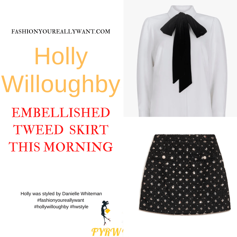 Where to get all Holly Willoughby This Morning outfits dresses blog November 2022 black tweed embellished mini skirt white shirt with black velvet bow black bow court shoes