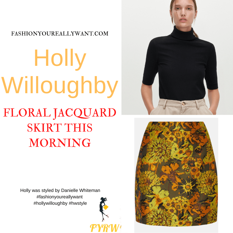 Where to get all Holly Willoughby This Morning outfits dresses blog November 2022 yellow and black floral jaquard mini skirt short sleeve black polo knit black suede court shoes