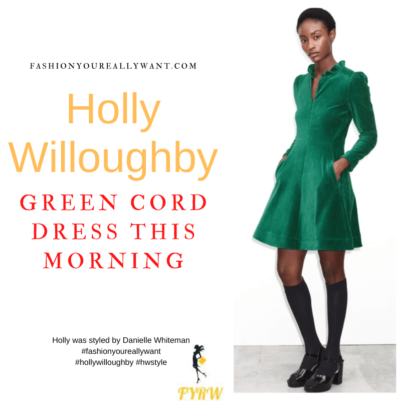 Where to get all Holly Willoughby This Morning outfits dresses blog November 2022 green corduroy mini dress black ankle boots