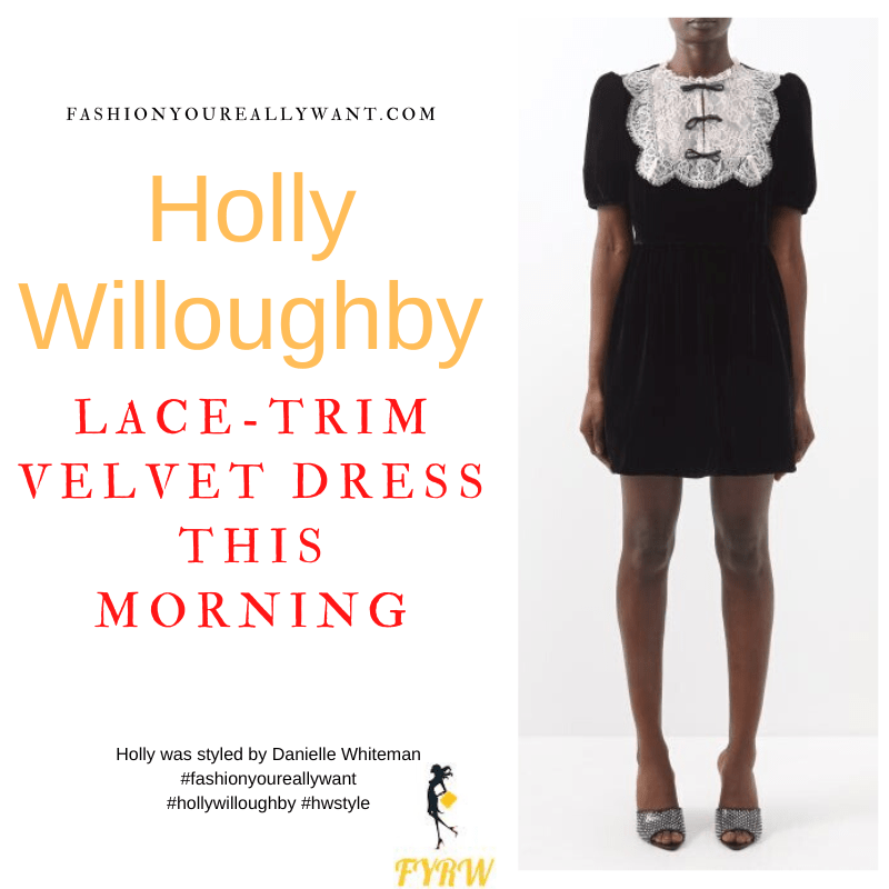 Where to get all Holly Willoughby This Morning outfits dresses blog November 2022 black velvet mini dress lace insert with bows velvet Mary Jane shoes