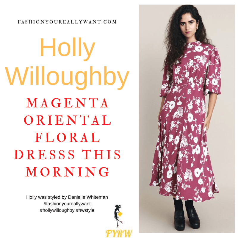 Where to get all Holly Willoughby This Morning outfits dresses blog November 2022 magenta and white floral 3/4 sleeve midi dress nude suede court shoes