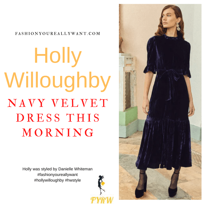Where to get all Holly Willoughby This Morning outfits dresses blog November 2022 navy velvet midi dress navy suede court shoes