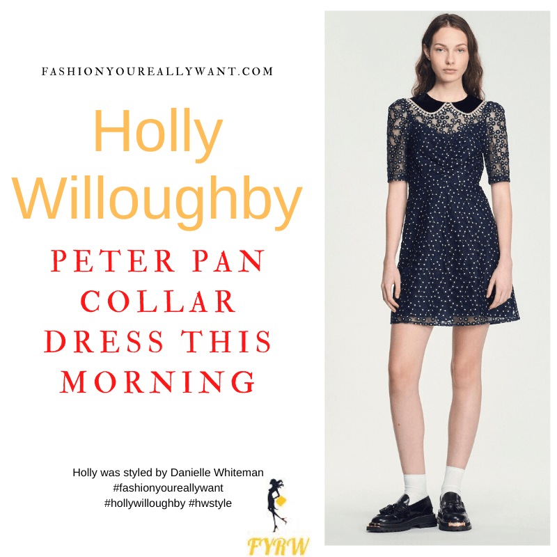 Where to get all Holly Willoughby This Morning outfits dresses blog November 2022 navy blue embroidered short sleeve mini dress with velvet Peter pan collar black satin court shoes with crystal buckle