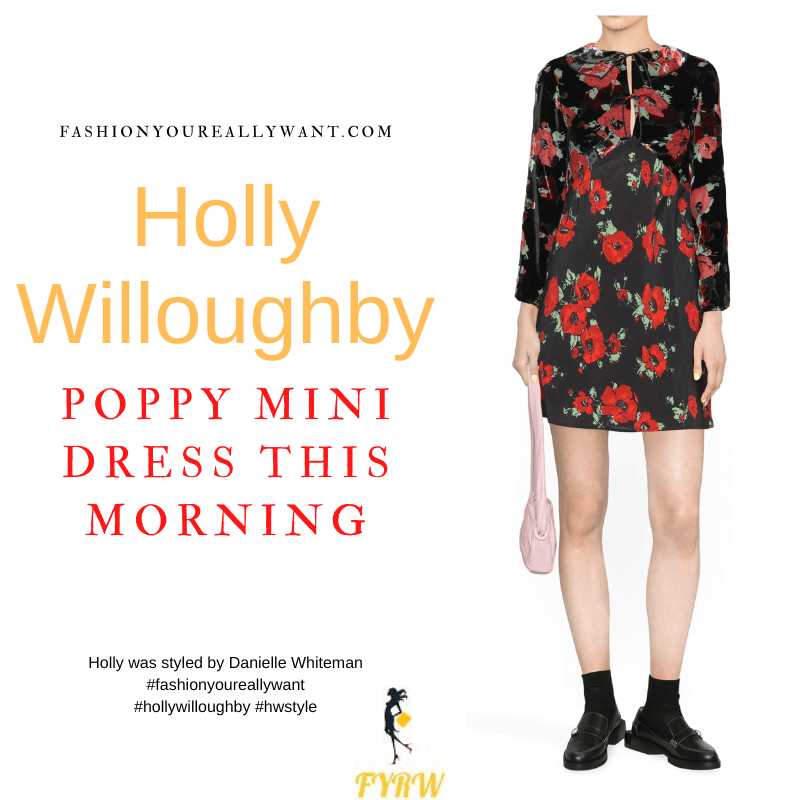 Where to get all Holly Willoughby This Morning outfits dresses blog November 2022 black and red devore poppy print mini dress black suede court shoes