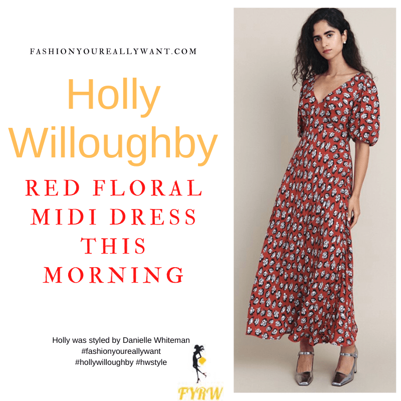 Where to get all Holly Willoughby This Morning outfits dresses blog November 2022 red floral mid sleeve midi dress cream polo neck nude suede court shoes