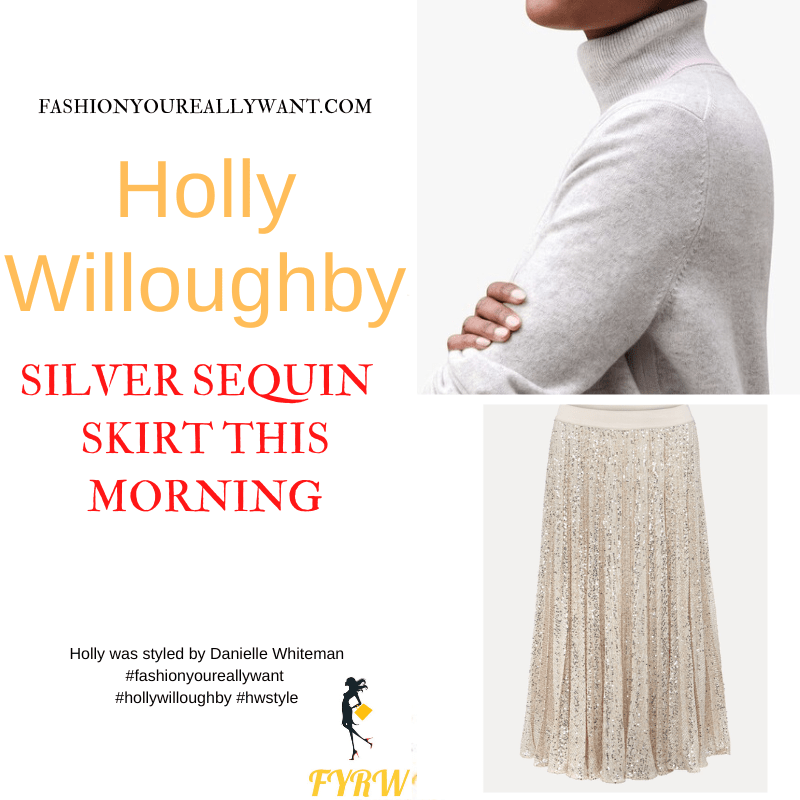 Where to get all Holly Willoughby This Morning outfits dresses blog November 2022 silver sequin pleated skirt silver jumper pink satin slingback with crystal bow