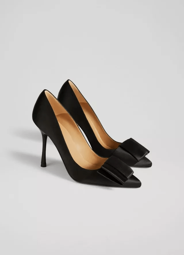 LK Bennett Agathe Black Satin Bow-Front Pointed Toe Courts