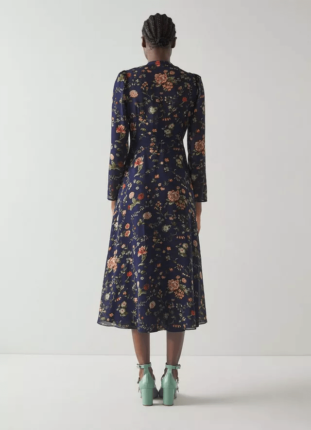 LK Bennett Keira Navy Camelia Print Silk Georgette Midi Dress back view
