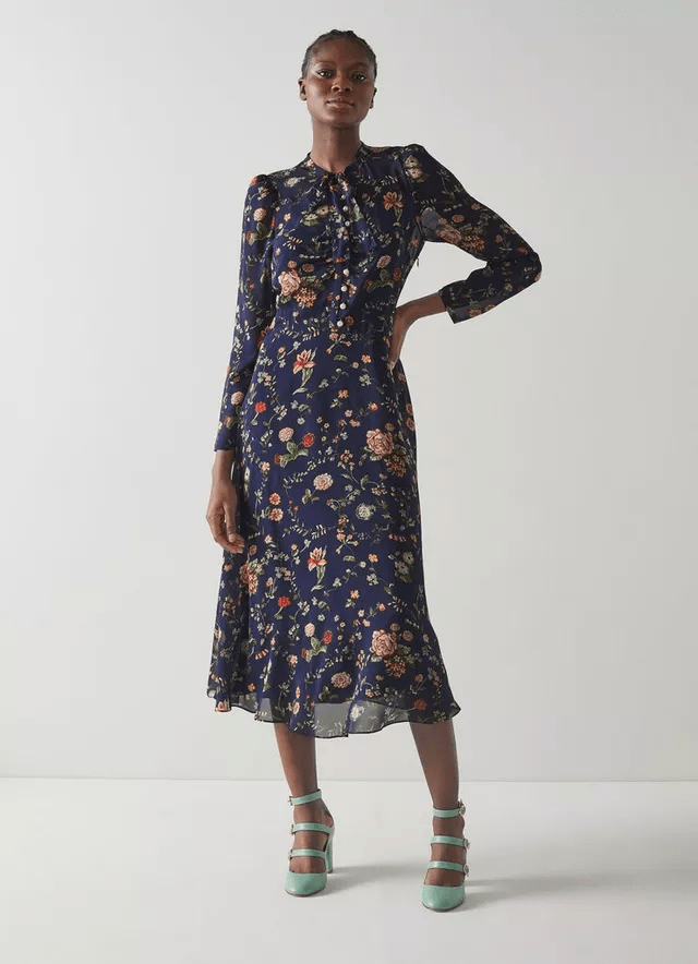 LK Bennett Keira Navy Camelia Print Silk Georgette Midi Dress