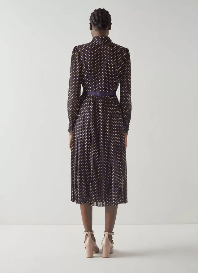 LK Bennett Tallis Navy And Yellow Spot Print Pleated Shirt Dress back view