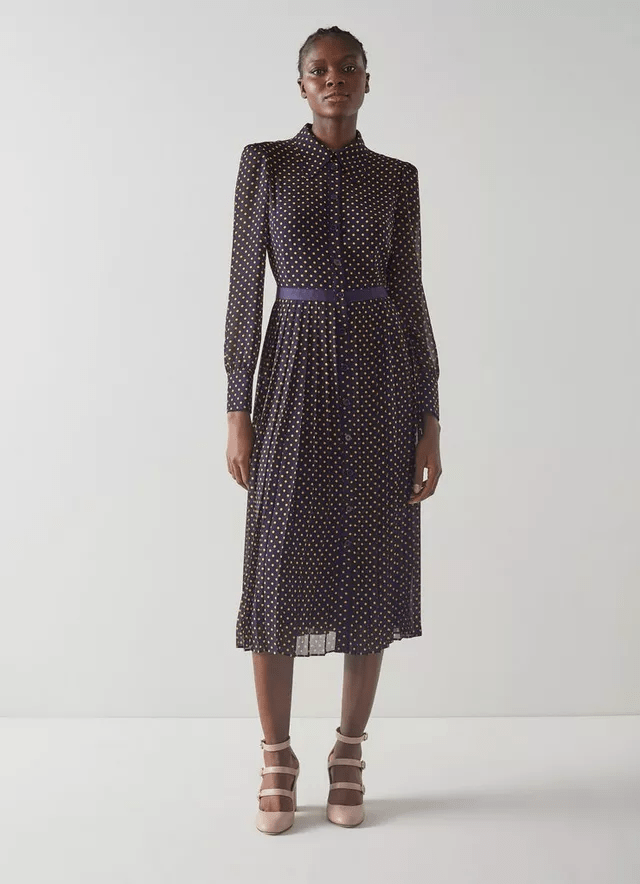 LK Bennett Tallis Navy And Yellow Spot Print Pleated Shirt Dress