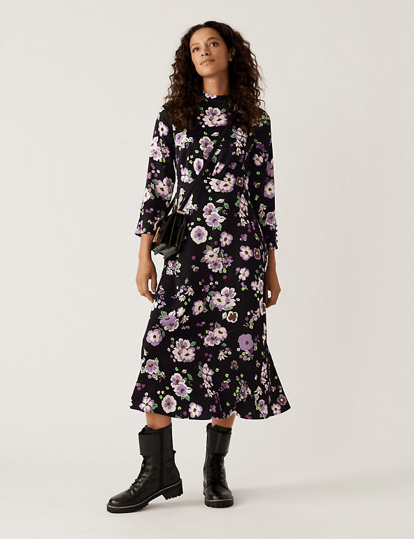 M&amp;S Satin Floral Button Detail Midi Dress