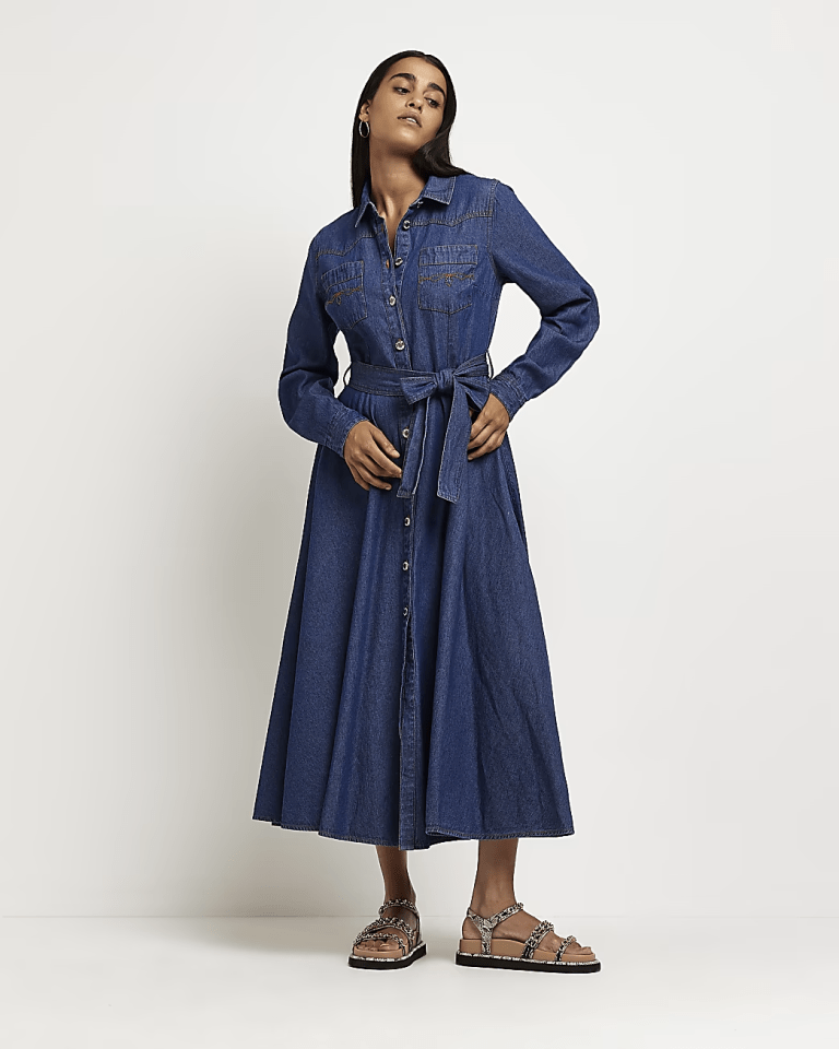 River Island Blue Denim Midi Shirt Dress