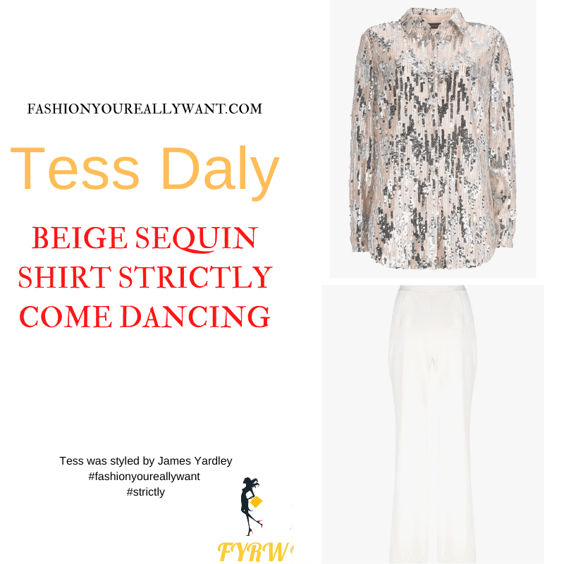 Tess Daly Wore This on Strictly Come Dancing Week 7 Results November 2022 where to get her outfits nude and silver sequin ombre shirt off white split front trousers bronze court shoes