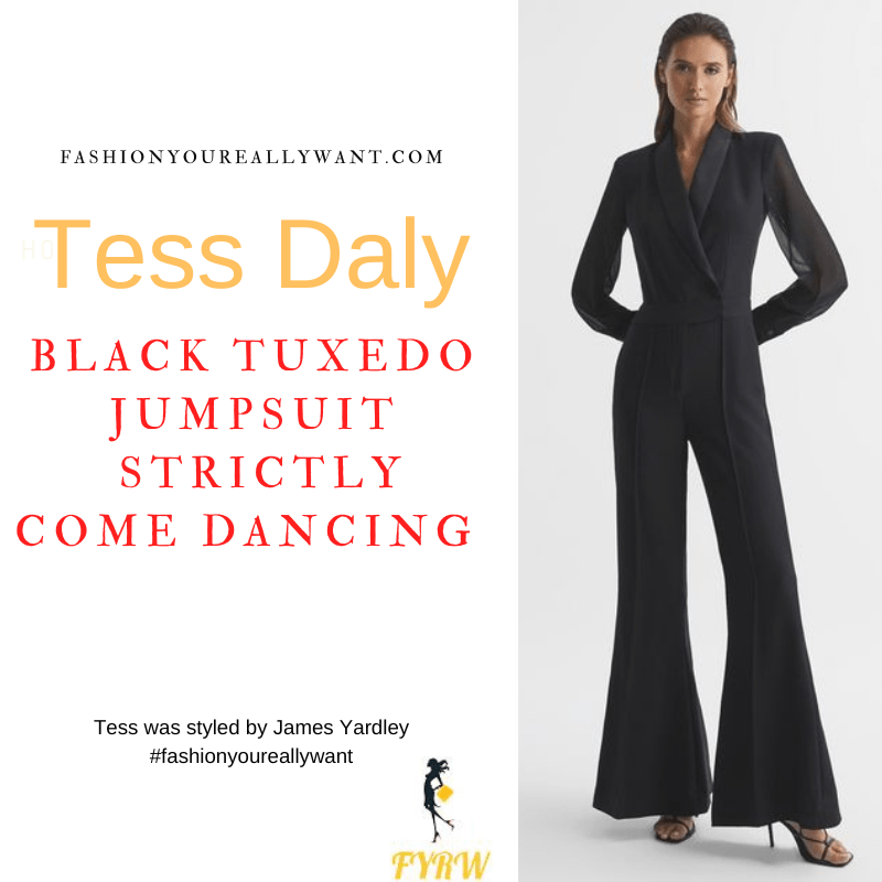 Tess Daly Wore This on Strictly Come Dancing Week 8 Results November 2022 where to get her outfits black tuxedo jumpsuit satin trim sheer sleeves red sandals