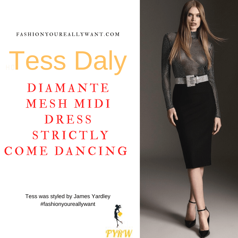 Tess Daly Wore This on Strictly Come Dancing Week 10 November 2022 where to get her outfits black diamante top midi dress silver belt black sandals