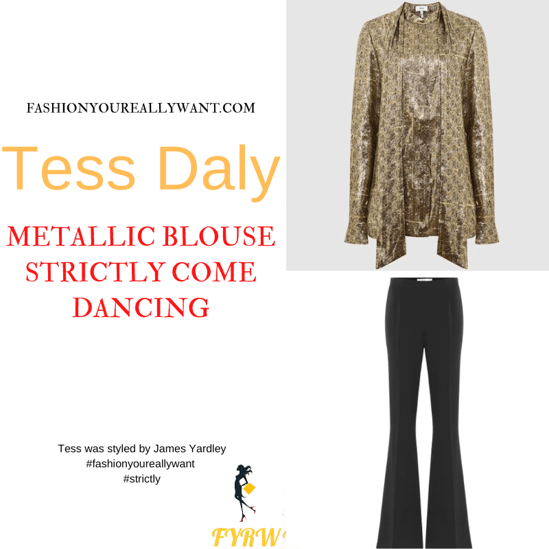 Tess Daly Wore This on Strictly Come Dancing Week 10 Results November 2022 where to get her outfits metallic tie neck blouse black flared trousers