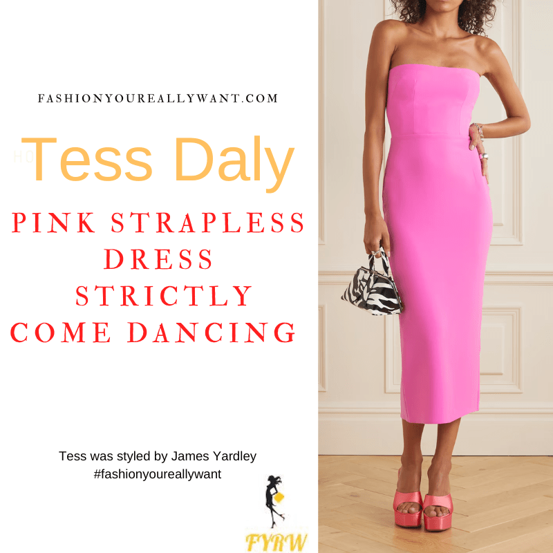 Tess Daly Wore This on Strictly Come Dancing Week 8 November 2022 where to get her outfits pink strapless midi dress black knee high boots