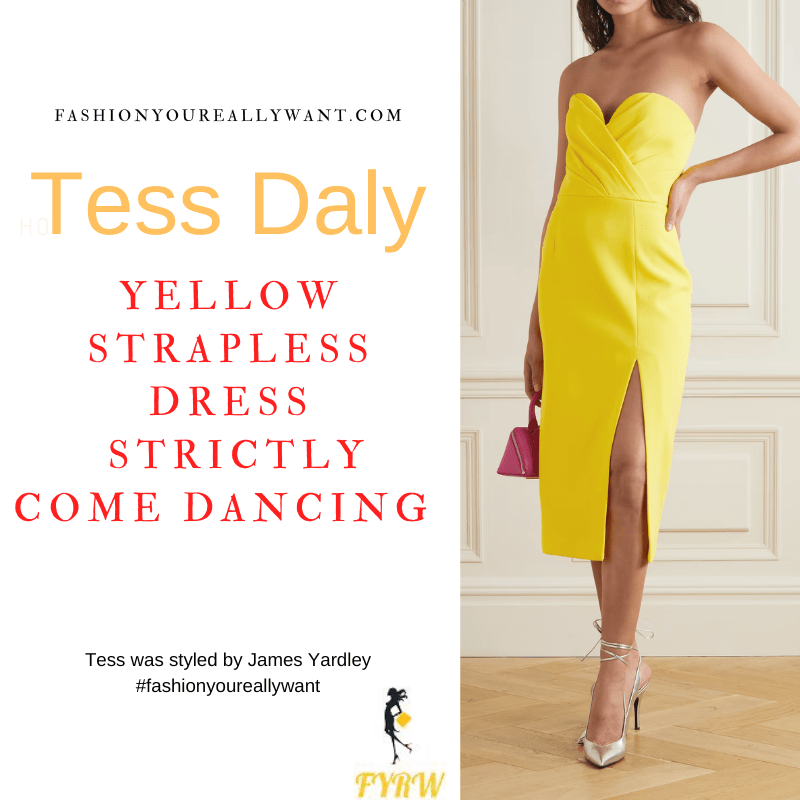 Tess Daly Wore This on Strictly Come Dancing Week 7 Results November 2022 where to get her outfits yellow strapless wrap top midi dress metallic court shoes